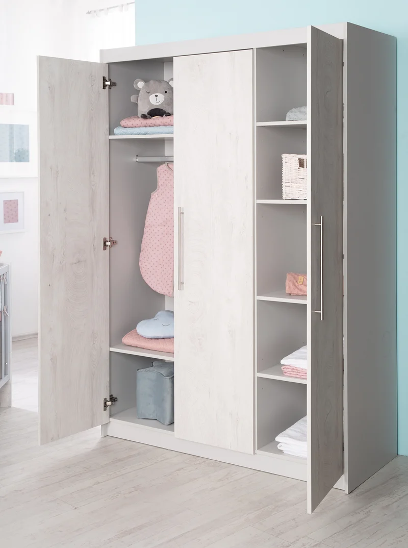 Zimmerset "Maren 2" – inkl. Kombi-Bett 70 x 140 cm, Wickelkommode & 3-türigem Schrank, Lichtgrau/weiß