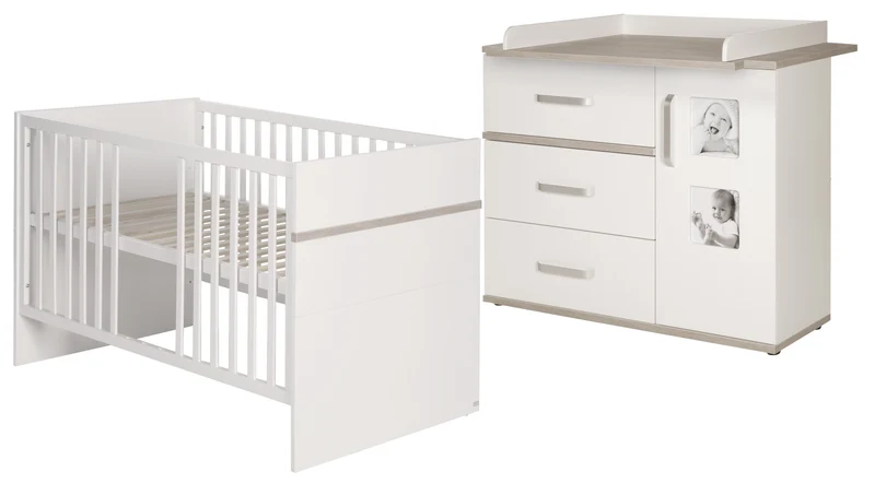 Kindermöbelset "Moritz " – 2-teilig, Kinderbett 70 x 140 cm & Wickelkommode breit, weiß/Luna Elm