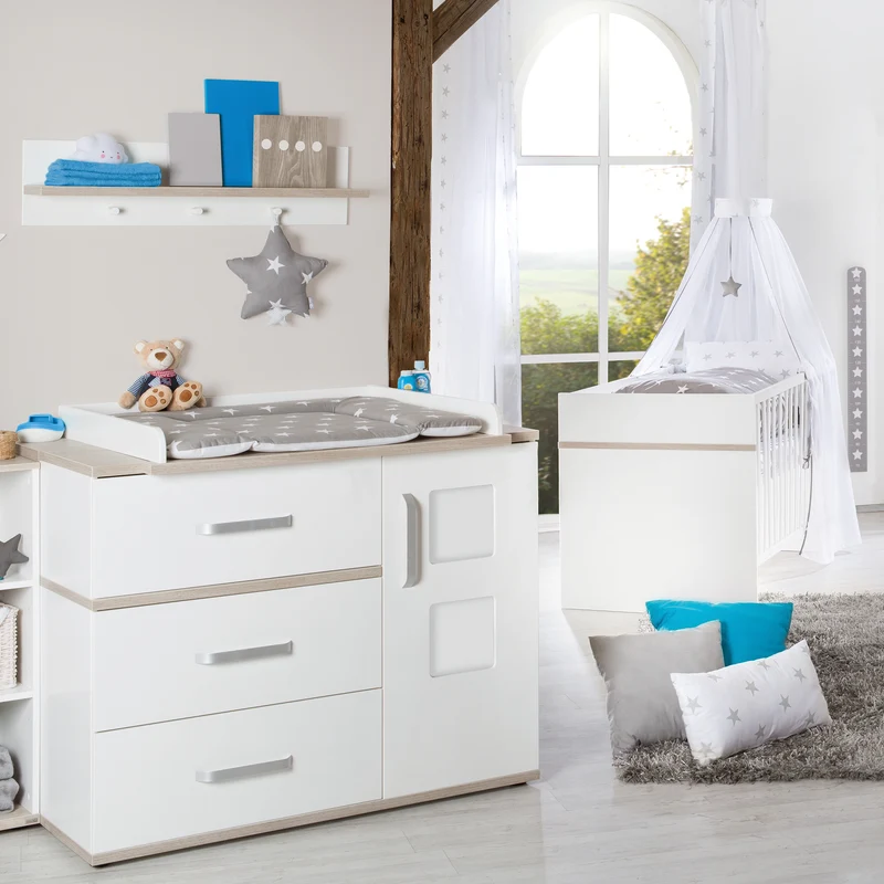 Kindermöbelset "Moritz " – 2-teilig, Kinderbett 70 x 140 cm & Wickelkommode breit, weiß/Luna Elm