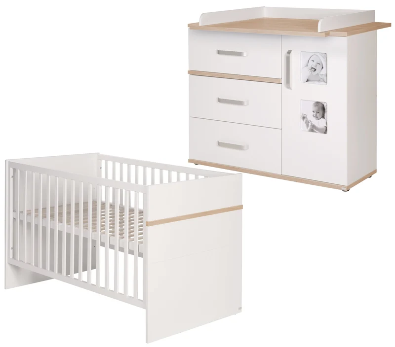 Babymöbel-Set "Pia" – 2-teilig, inkl. Kombi-Bett 70 x 140 cm & breiter Wickelkommode, weiß / San Remo Eiche