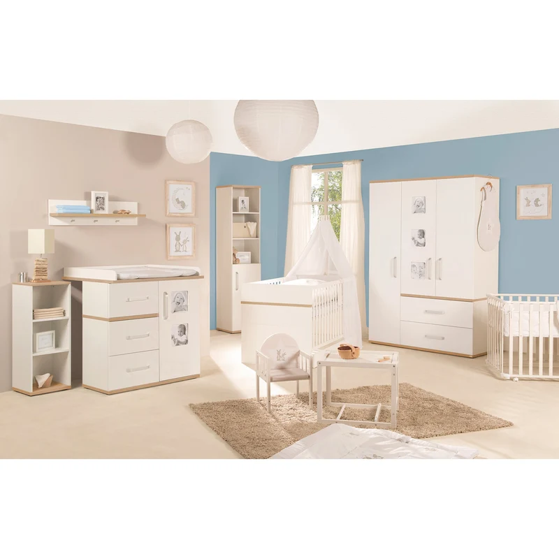 Babymöbel-Set "Pia" – 2-teilig, inkl. Kombi-Bett 70 x 140 cm & breiter Wickelkommode, weiß / San Remo Eiche