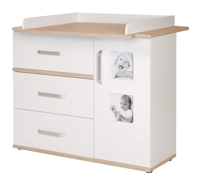 Babymöbel-Set "Pia" – 2-teilig, inkl. Kombi-Bett 70 x 140 cm & breiter Wickelkommode, weiß / San Remo Eiche