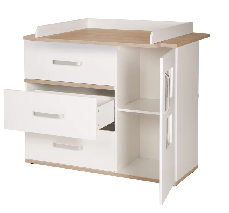 Babymöbel-Set "Pia" – 2-teilig, inkl. Kombi-Bett 70 x 140 cm & breiter Wickelkommode, weiß / San Remo Eiche