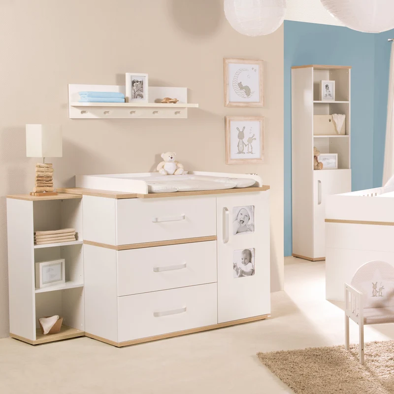 Babymöbel-Set "Pia" – 2-teilig, inkl. Kombi-Bett 70 x 140 cm & breiter Wickelkommode, weiß / San Remo Eiche