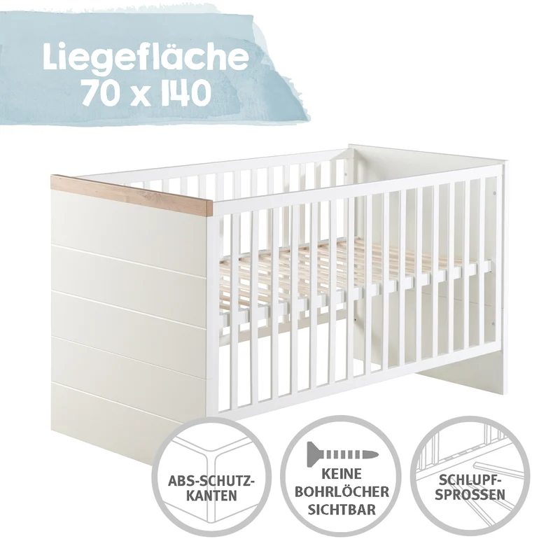 Zimmerset 'Nele' 3-teilig, inkl. Kombi-Kinderbett 70 x 140 cm, Wickelkommode & Schrank 3-türig