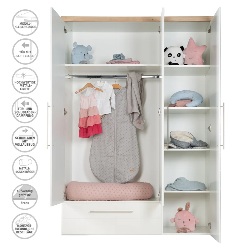 Zimmerset 'Nele' 3-teilig, inkl. Kombi-Kinderbett 70 x 140 cm, Wickelkommode & Schrank 3-türig