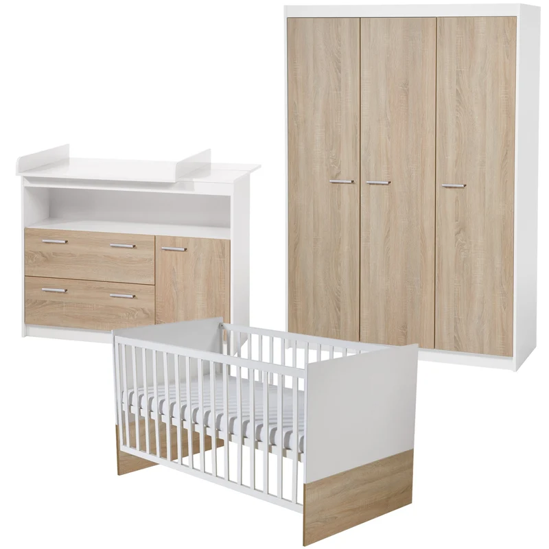 Kindermöbelset "Gabriella" – inkl. Babybett 70 x 140 cm, breiter Wickelkommode & Schrank 3-türig