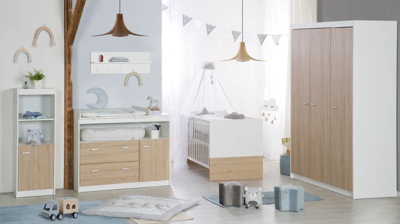 Kindermöbelset "Gabriella" – inkl. Babybett 70 x 140 cm, breiter Wickelkommode & Schrank 3-türig