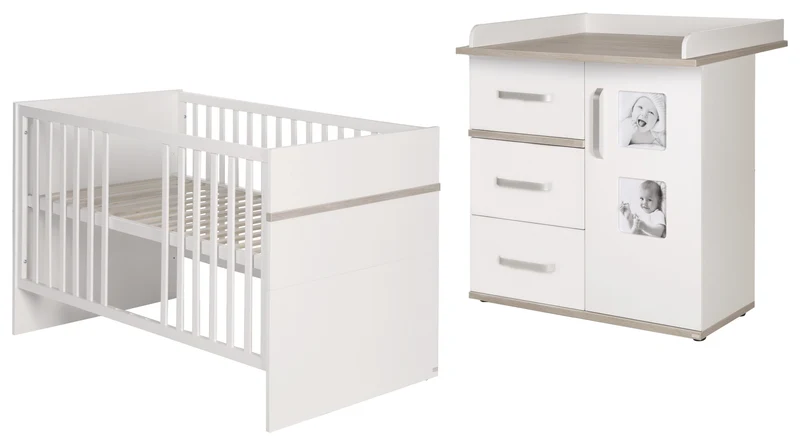 Kindermöbelset "Moritz" – 2-teilig, Kinderbett 70 x 140 cm & Wickelkommode schmal, weiß/ Luna Elm