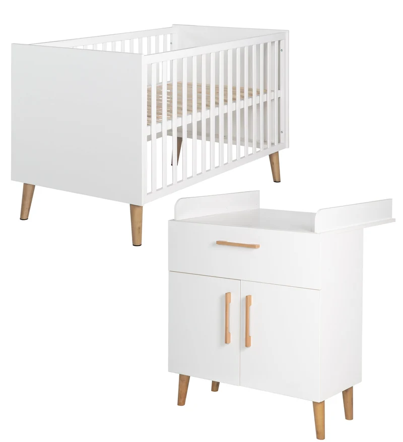 Zimmerset "Mick" – inkl. Baby-/Kinderbett 70 x 140 cm & Wickelkommode, weiß/ Goldeiche