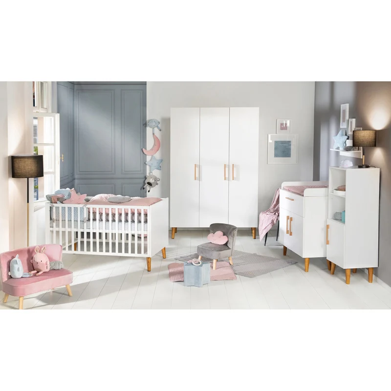 Zimmerset "Mick" – inkl. Baby-/Kinderbett 70 x 140 cm & Wickelkommode, weiß/ Goldeiche