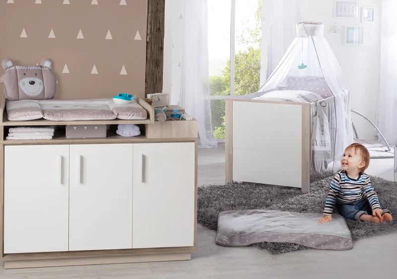 Zimmerset "Olaf" – inkl. Kombi-Bett 70 x 140 cm & breiter Wickelkommode, Luna Elm/weiß