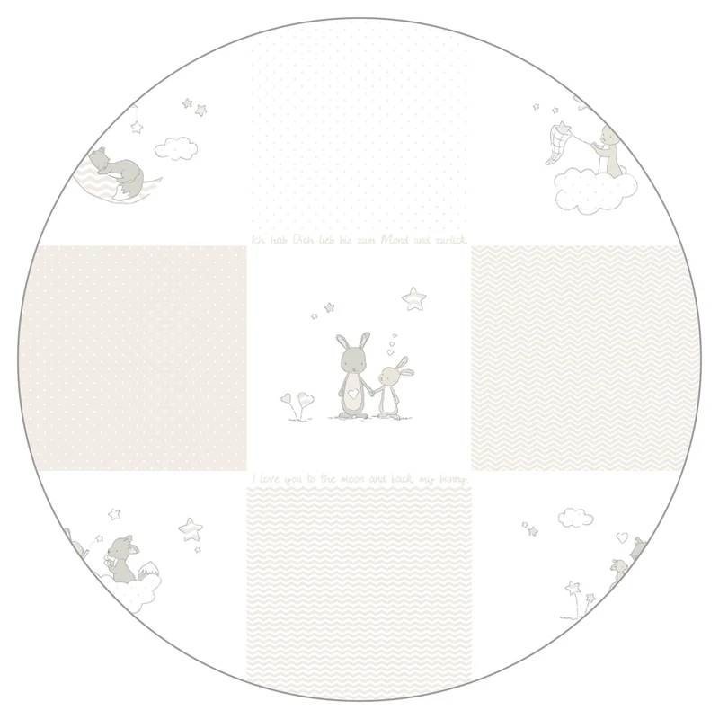 Laufgitter 'Fox & Bunny', 6-eckig, sicheres Spielgitter inkl. Schutzeinlage & Rollen, Holz weiß