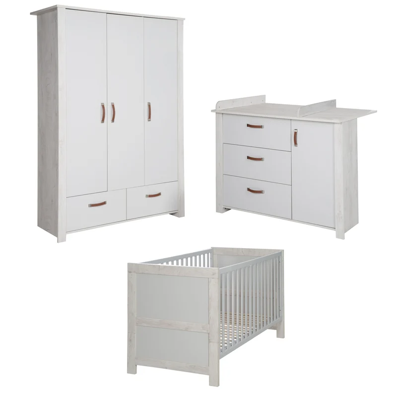 Kinderzimmerset 'Mila', inkl. Kombi-Bett 70 x 140 cm, Wickelkommode & 3-türigem Schrank, grau/weiß