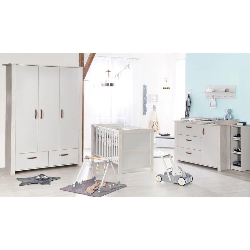 Kinderzimmerset 'Mila', inkl. Kombi-Bett 70 x 140 cm, Wickelkommode & 3-türigem Schrank, grau/weiß