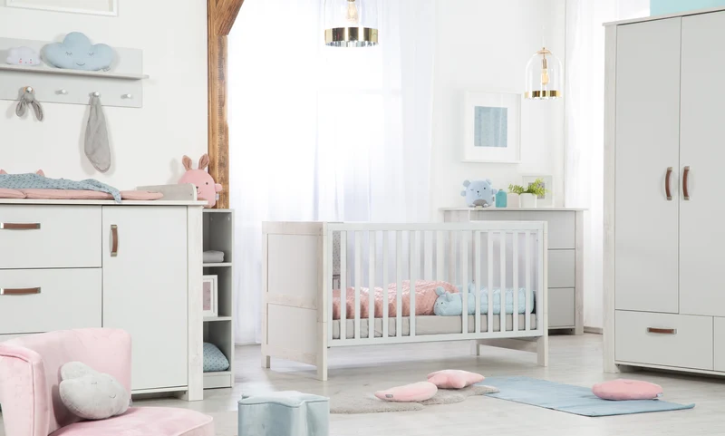 Kinderzimmerset 'Mila', inkl. Kombi-Bett 70 x 140 cm, Wickelkommode & 3-türigem Schrank, grau/weiß