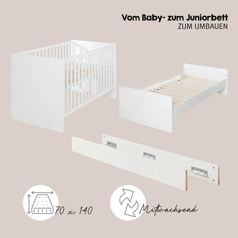 Zimmerset 'Maren' inkl. Kombi-Bett 70 x 140 cm, Wickelkommode breit & Schrank 3-türig - Weiß