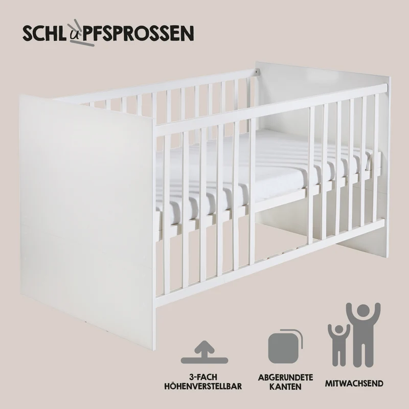 Zimmerset 'Maren' inkl. Kombi-Bett 70 x 140 cm, Wickelkommode breit & Schrank 3-türig - Weiß