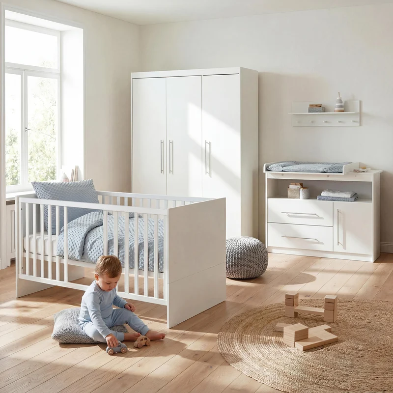 Zimmerset 'Maren' inkl. Kombi-Bett 70 x 140 cm, Wickelkommode breit & Schrank 3-türig - Weiß