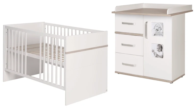 Kindermöbelset 'Moritz', 2-teilig, Kinderbett 70 x 140 cm & Wickelkommode schmal, weiß/ Luna Elm