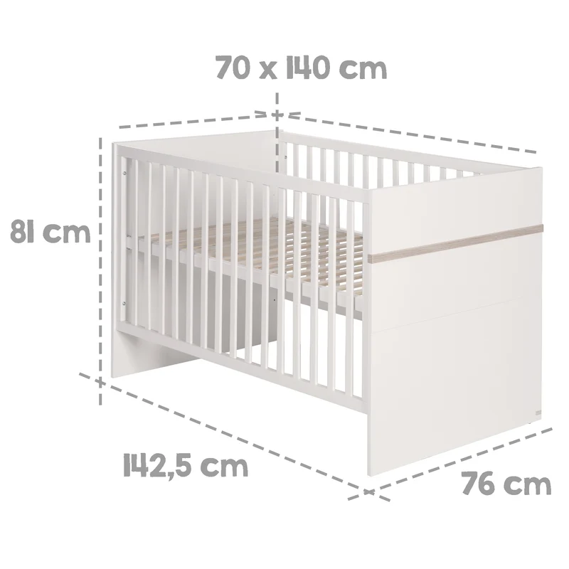 Kindermöbelset 'Moritz', 2-teilig, Kinderbett 70 x 140 cm & Wickelkommode schmal, weiß/ Luna Elm